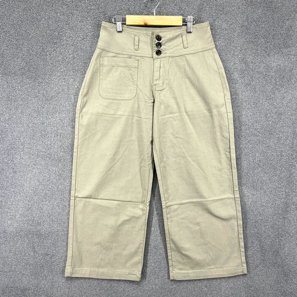 Flamingo Pants Womens Medium Tan green‎ gray Wide Leg Crop Mid Rise